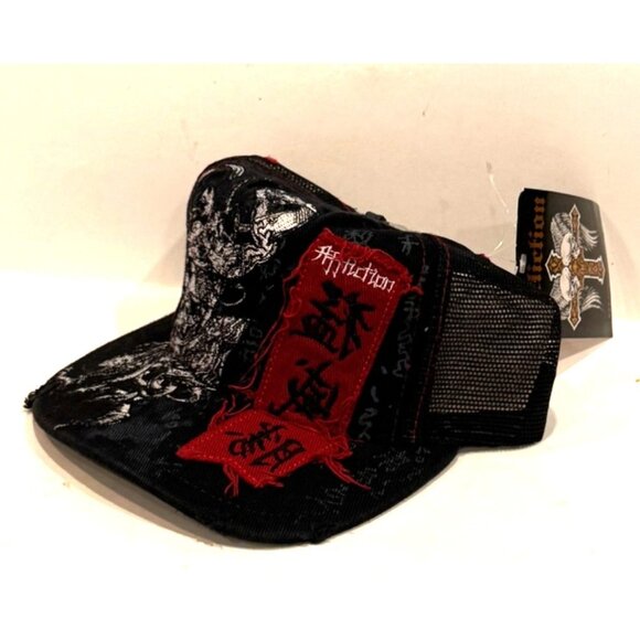 Affliction Black and Red Asian Viking Embroidered Trucker Cap Leather Brim NWT - Picture 8 of 9